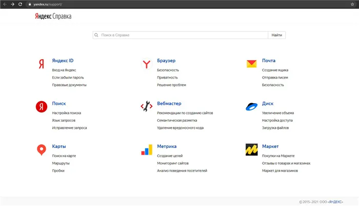 Страница справочной информации Яндекс.Помощь