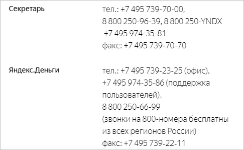 Номер телефонной линии Яндекс