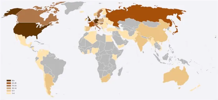 Количество Нобелевских премий из разных стран (https://ru.wikipedia.org/wiki/нобелевс岐__рремия#/media/写真/worldmapnobellaureatesbycountry2.png)