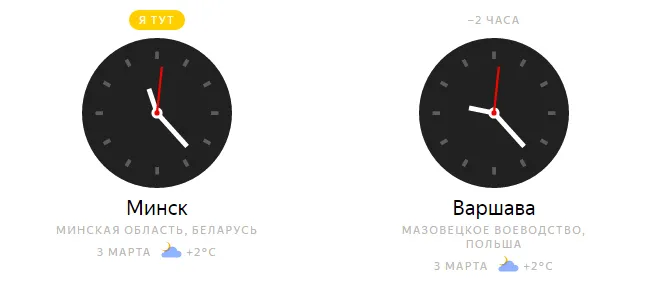 Разница в часовых поясах Минск - Варшава: зимнее время