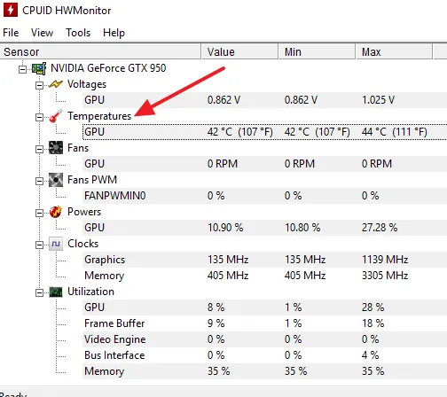 Температура GPU в HWmonitor