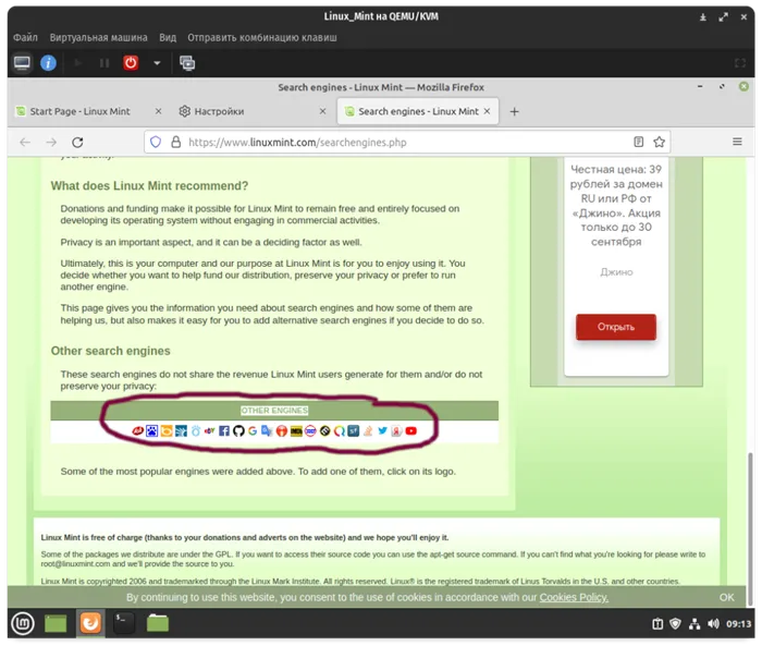 Поиск Яндекса и Google в Linux Mint 2