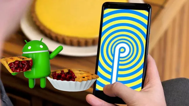 Изображение талисмана Android рядом со смартфоном на фоне пирога.