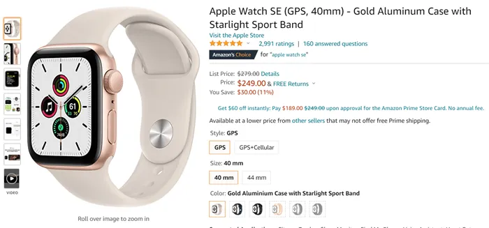 Цена Apple Watch SE на Amazon