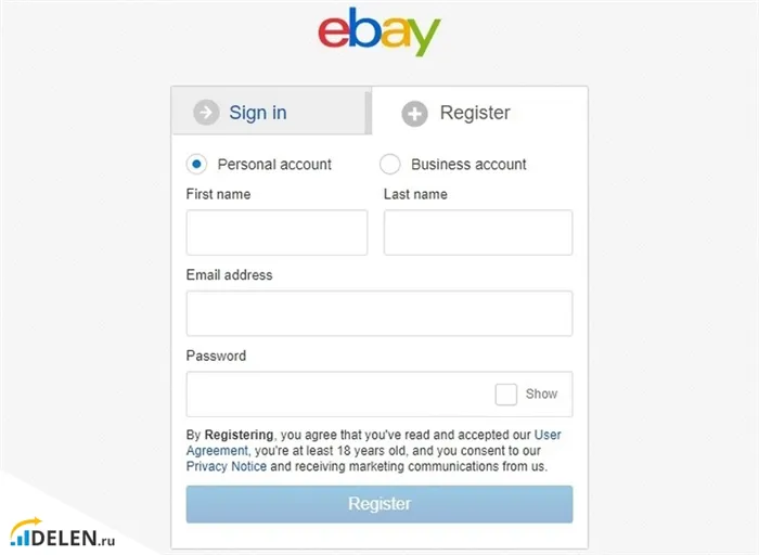 Регистрация на eBay