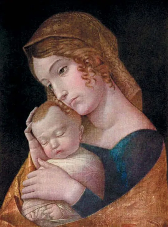 Андреа Мантенья Мария со спящим Иисусом Холст, клеевая краска. 1455
