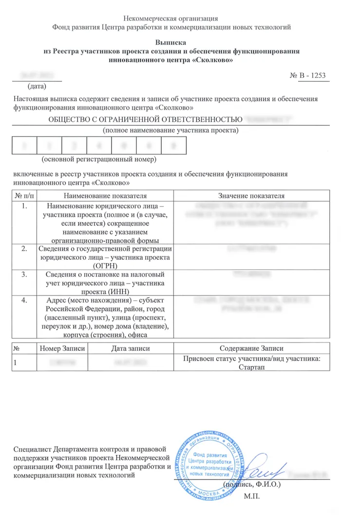  Выписка из реестра участников Сколково