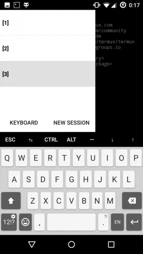 Меню сессий в Termux 