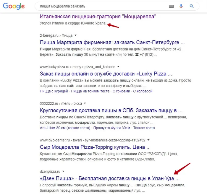 Google: пицца моцарелла заказать