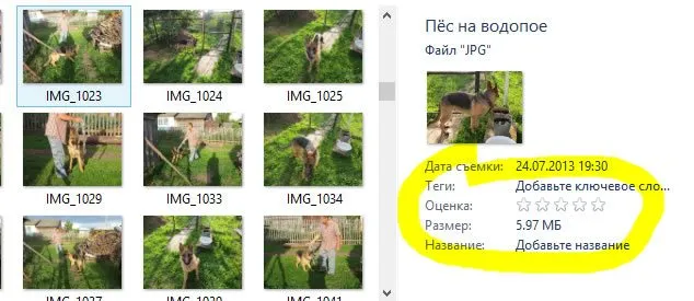 Отображение метаданных фотографии в проводнике Windows