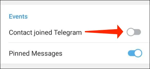 Коснитесь переключателя рядом с контактом, присоединившимся к Telegram