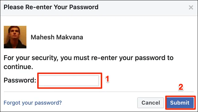 Введите пароль Facebook и нажмите 