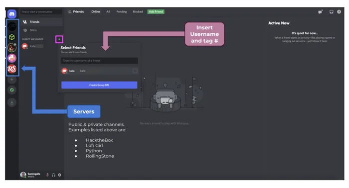 A graphic image showing the web app version of Discord with servers, friends list, and activity blocks.