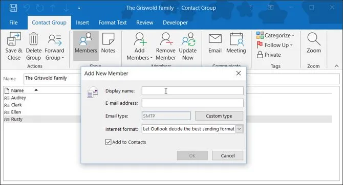 Новый контакт для Outlook в группе контактов Windows
