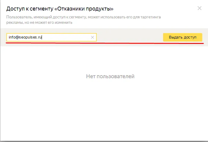 Ввод email для доступа к сегменту в Yandex Аудитории