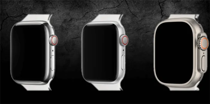 Корпус Apple Watch. Так визуально отличается стальной (слева) корпус Series 8 от алюминиевого (посредине) SE 2 в одном и том же цвете. Фото.