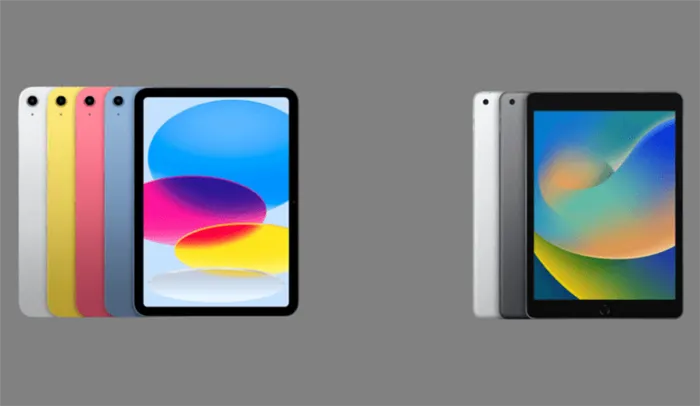 Цена Apple iPad 10-го поколения. iPad 10 (слева) на фоне iPad 9 (справа). Фото.