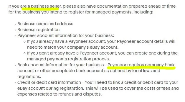 ebay и payoneer требуют наличия бансковского счета для продавцов со статусом 