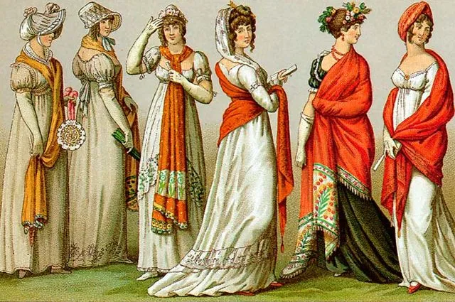 Пальто, накидки или шали, скрывающие очертания женской фигуры, были обязательны.