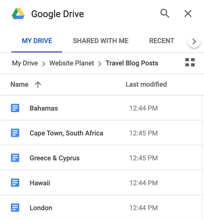 Google Drive sidebar - Google Sites