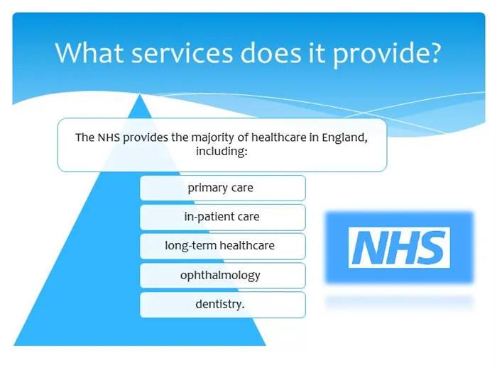 What services does it provide?The NHS provides the majority of healthcare in. 